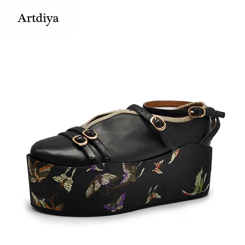 

Artdiya Original Retro Embroidered Platform Genuine Leather Shoes High Heels Folk Style Buckle Women Shoes Three Ways to Wear