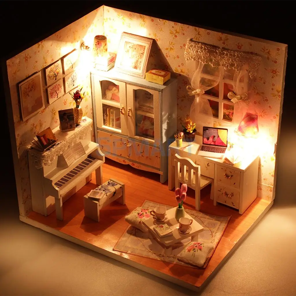 DIY 3D Wooden Handcraft Miniature Doll House Kit Bedroom with LED Lights & Furniture - Adalelle's Room & Hemiola's Room