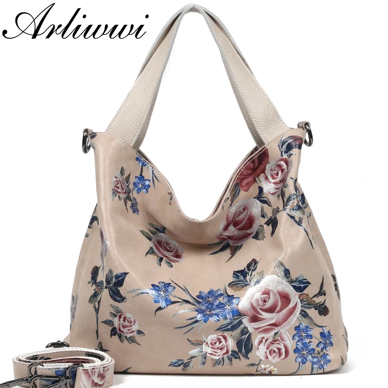 

Arliwwi Designer 100% Real Leather Large FLower Hobos Fashion Bags For Women New Shiny Genuine Leather Tote Messenger handbags