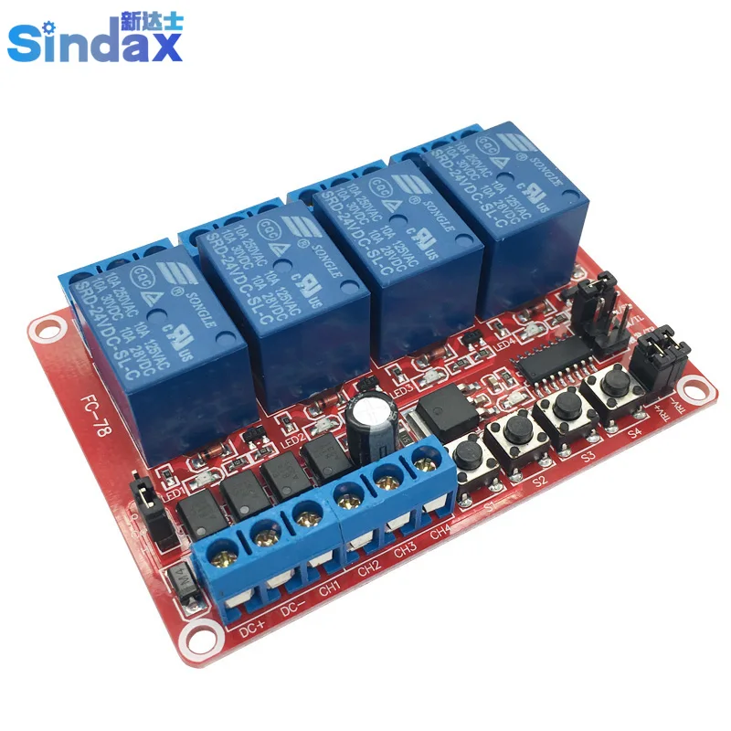 

4 Channel Interlocked Self-locking Button Trigger Relay Module 5V 12V 24V High /Low Level Relay Module Red