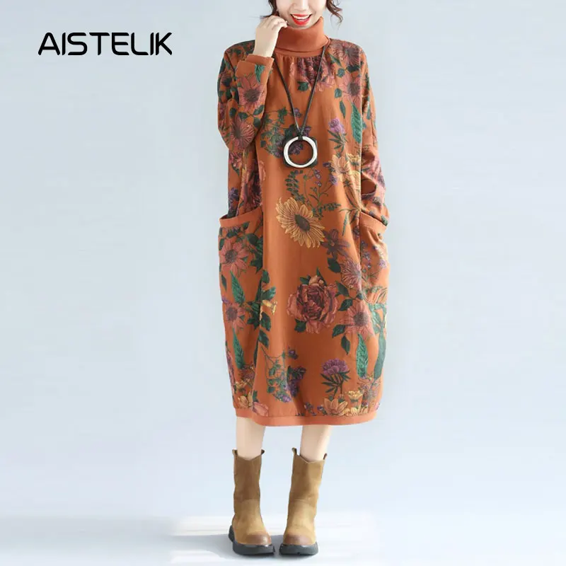 

Autumn and winter new loose large size literary retro printing high collar casual plus velvet warm dress women.