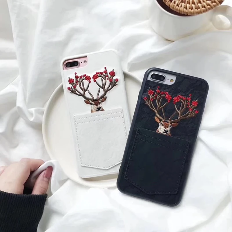 Aoweziic 3D Christmas embroidery elk 6S mobile phone shell pocket insert For iPhone7plus full package 8plus cell phone set X XS