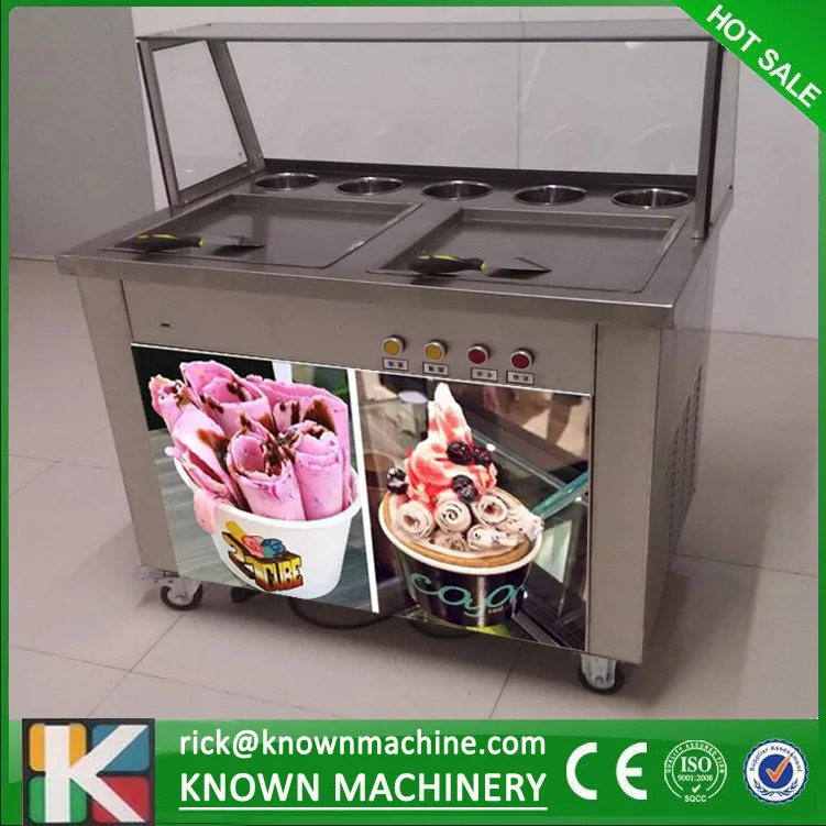 

Free shipping by sea double square pans with 5 topping tanks of fried ice cream roll machine with R410A Refrigerant