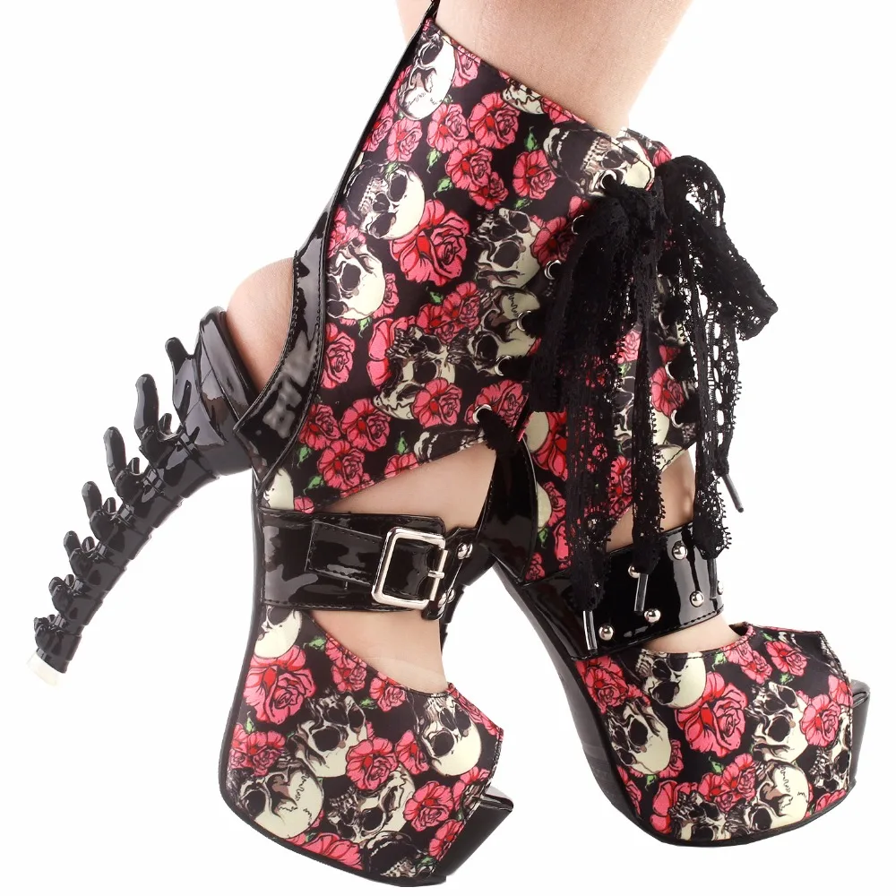 Туфли в стиле панк с принтом черепа и розы; туфли с пряжкой на шнуровке и платформе; Клубные ботильоны; LF80663