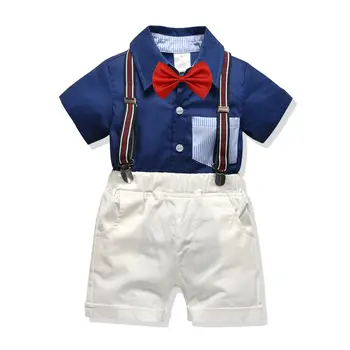 

Toddler Boy Clothes Bow Tie Pocket Tops Shirt Button Closed T-shirt+Overalls Shorts Gentleman Formal White Outfits Clothes Suit
