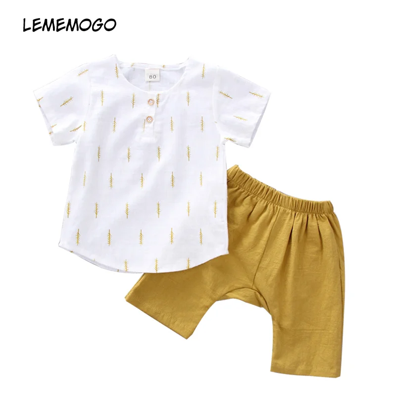 

LEMEMOGO New Linen Boys Sets Summer 2018 For Kids Print Casual Short Sleeve t-shirt +Shorts Sets Baby Cotton Clothing Boy Suit