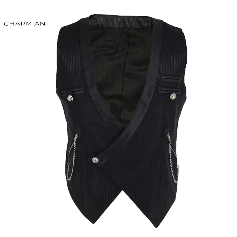 

Charmian Mens Steampunk Pinstripe Coat V Neck Chains Party Coat Gothic Steampunk Waistcoat Halloween Clothing