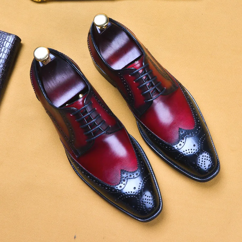 Броги из натуральной коровьей кожи; деловая Свадебная обувь; мужская повседневная обувь на плоской подошве; винтажные оксфорды ручной работы для мужчин; коллекция года; цвет красный, черный