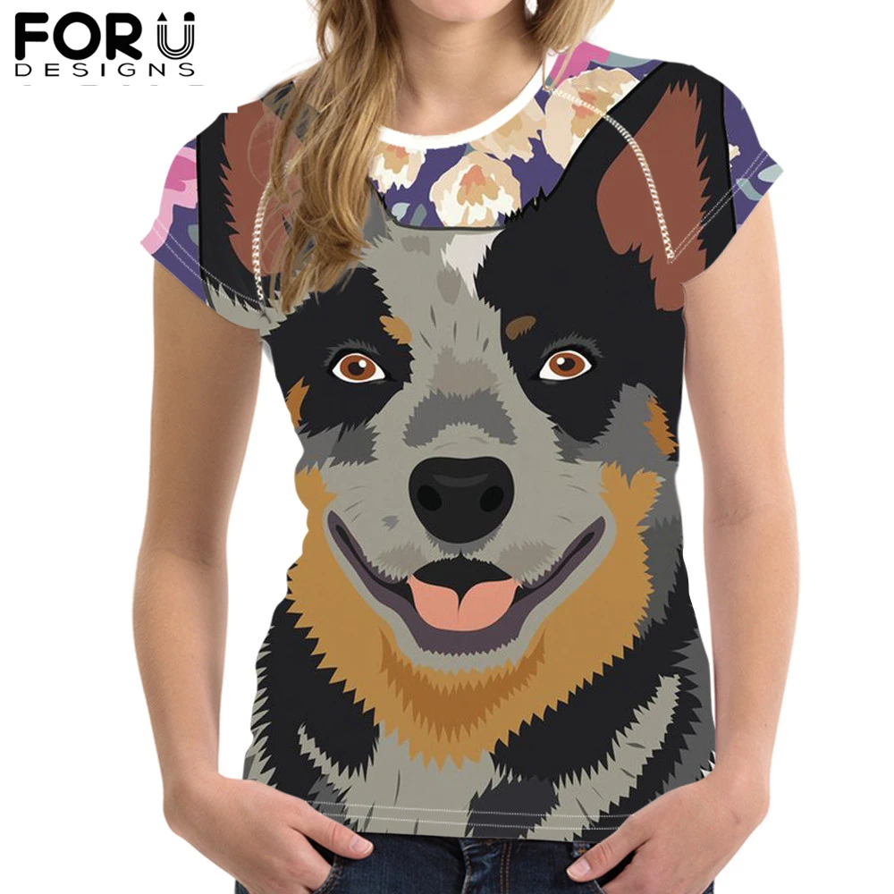

FORUDESIGNS Customized Image 3D Printing T-Shirt for Women Australian Cattle Dog Summer Cool Short Sleeve Tee Tops Female Tshirt