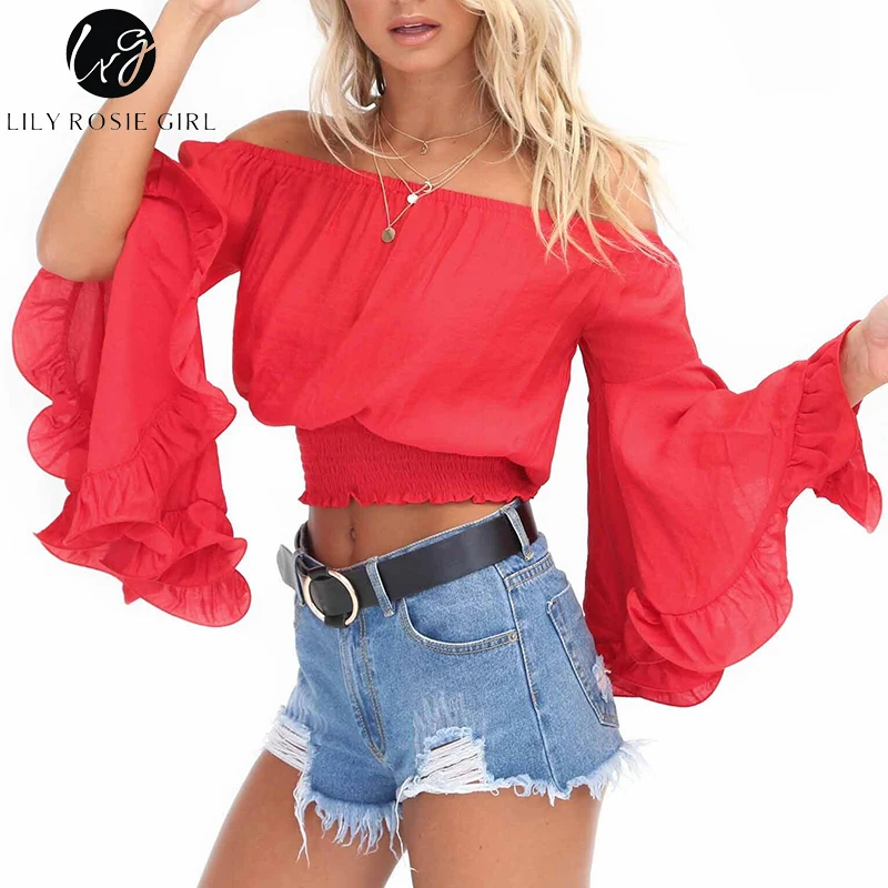 

Conmoto Girl Off Shoulder Red Ruffles Blouse Women Sexy Autumn Winter Tops Long Flare Sleeve Short Crop Shirts Party Blusas