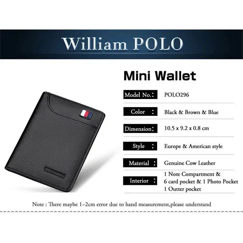 WILLIAMPOLO 2019 أزياء العلامة التجارية الرجال محافظ جلد طبيعي ضئيلة bifold حامل بطاقة الائتمان الذكور جيب محفظة الذكور مخلب