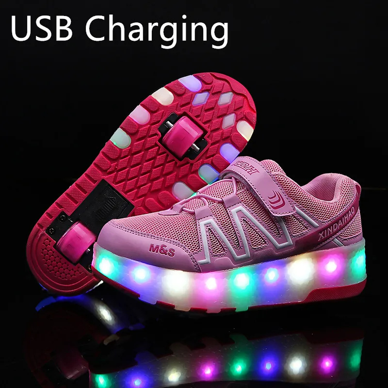 Two Wheels Luminous Sneakers USB Charging Led Light Roller Skate Shoes for Children Kids Boys Girls Up 2020 | Детская одежда и