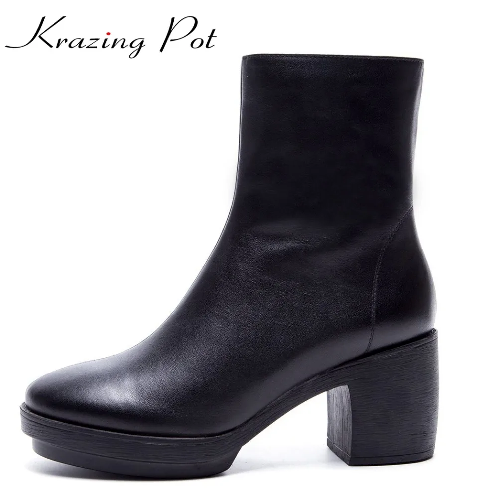 

Krazing Pot 2018 cow leather platform decoration solid women round toe square high heels zipper punk style mild-calf boots L02