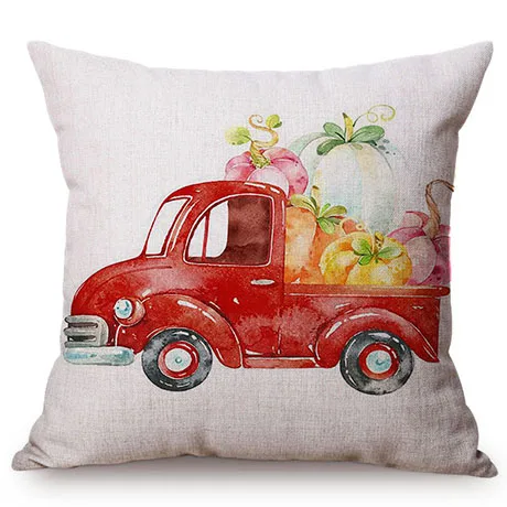 Red Vintage Car Pumpkin Autumn Harvest Thanksgiving Decorative Cushion Cover Watercolor Art Cotton Linen Sofa Throw Pillow Cover K121-5