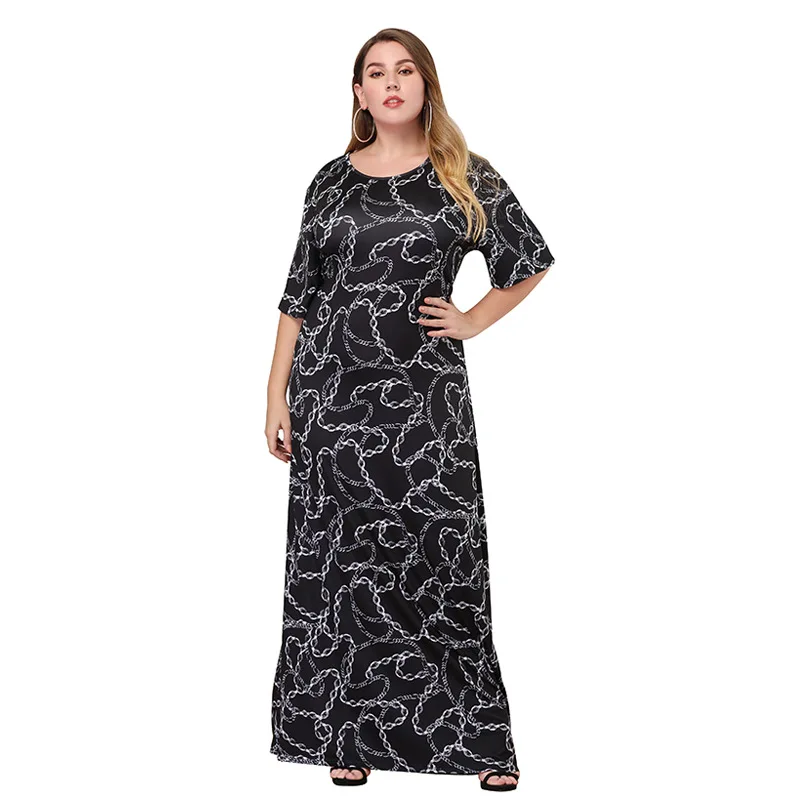 

Large Size Women's Summer Sundress New Round Neck Sleeves Chain Printed Temperament Slim Women's Dress