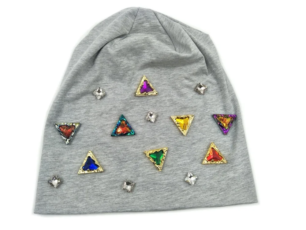 

B17943 Newest spring set good stretch 100% cotton colors Triangular crystal hats fashion solid beanies for women