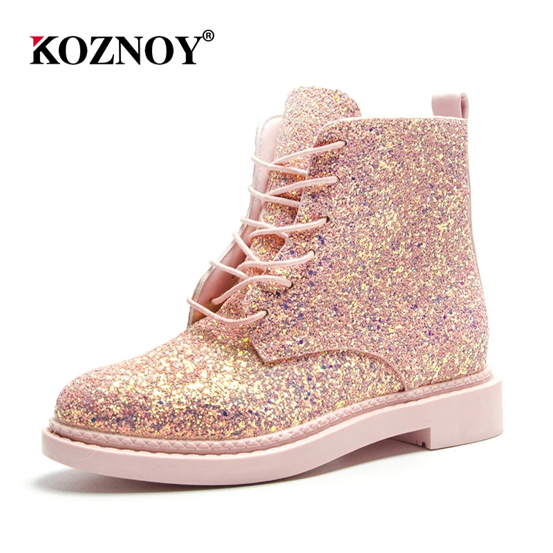 

Koznoy Band Pu Leather Ankle boots with sequins Biker Shoes Women Lace Up Snow Boots Heels Autumn Winter Boots Fashion Shoes