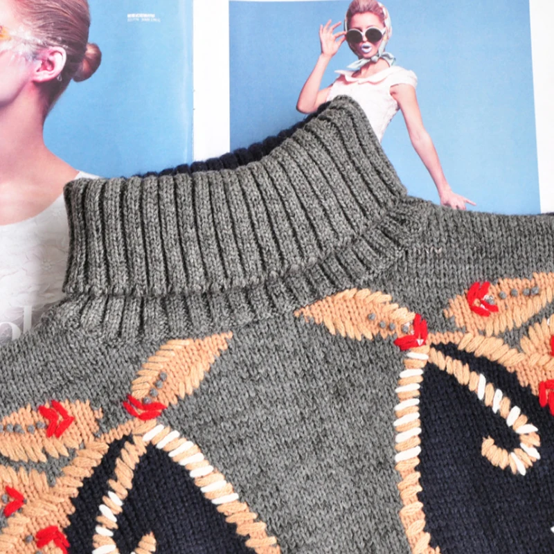 Ky&Q 2017 Autumn Women Thick Sweaters Turtleneck Neck Knitted Pullovers Long Sleeve Blouse Shirts Female Tops Embroidery floral