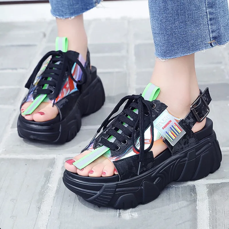 Women Sandals Summer Black White Fluorescently Hollow Wedges Buckle Lace-Up Platform Sandals Beach Chunky Sandale Femme 2019-28w