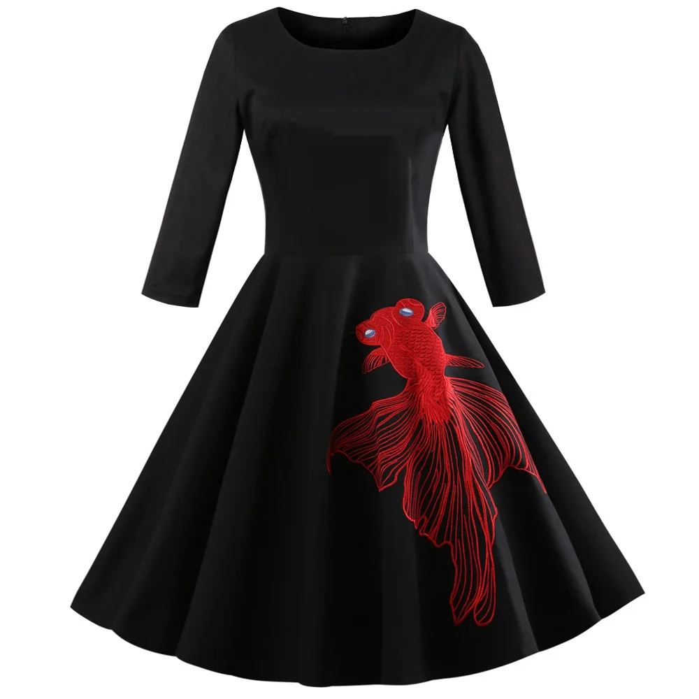 

Retro Hepburn Vintage Women Dress O-Neck Long Sleeve Goldfish Embroidery Retro Dress Elegant A-Line Party Dress Tunic Vestidos