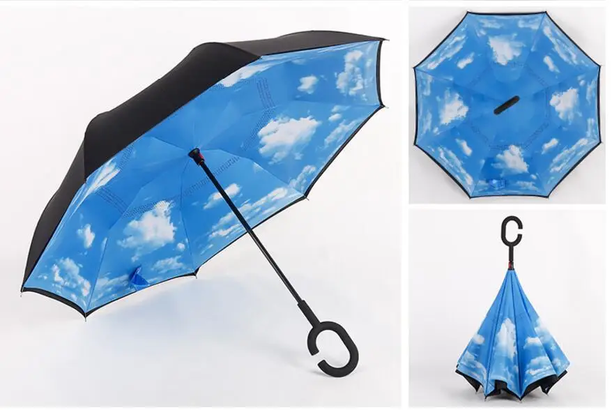 

Reverse Umbrellas Folding Double Layer Inverted C Hand Holder Stand Rain Windproof Rolling Over Umbrella For Women