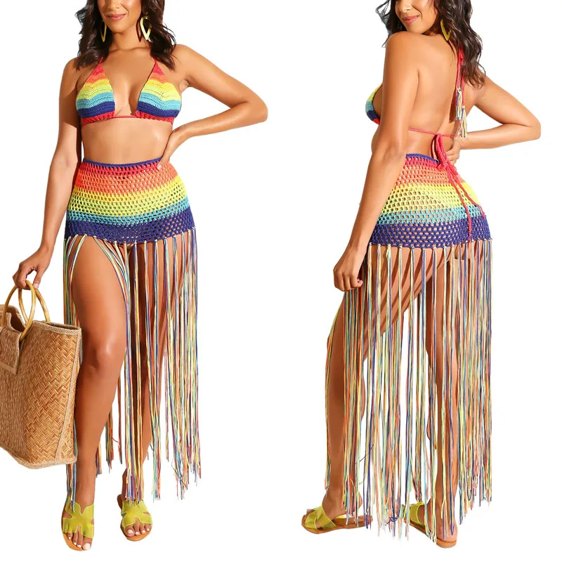 

2019 New rainbow crochet Beach Cover ups sexy knitted women Tops+ long tassel skirts bikini swimsuit bathing suit cover up