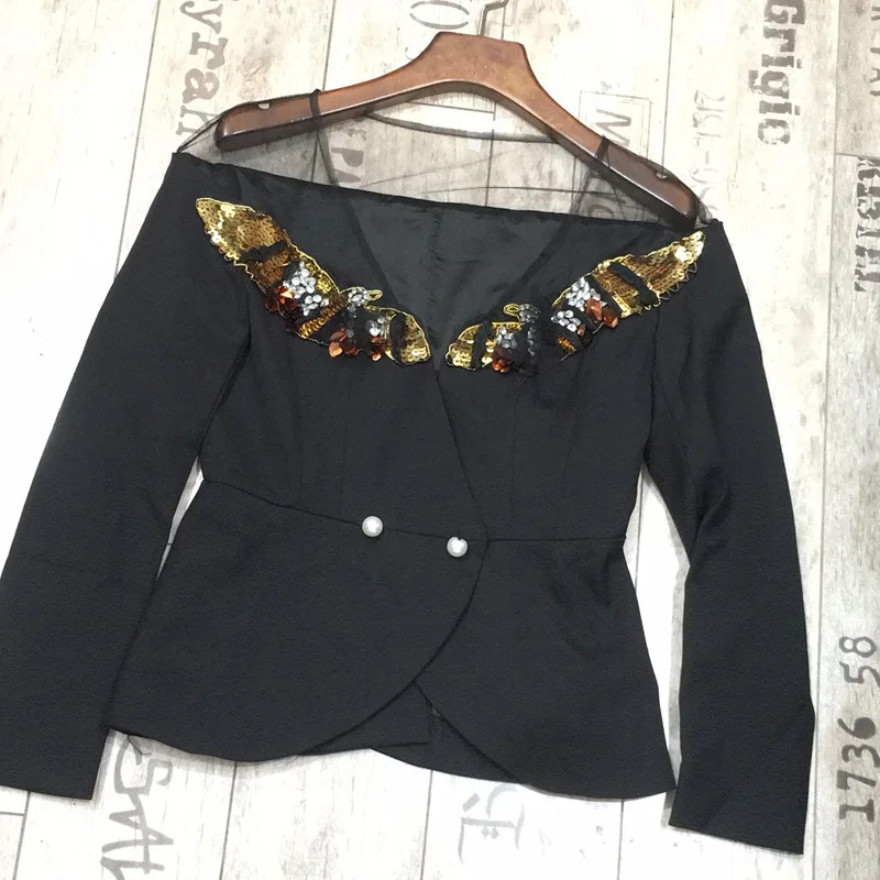 2019 New Heavy Industry Nailing Beads Splice Sexy Gauze Long Sleeved V Collar Shirt Self-fitting Coat Blouse Fashion Black Suit 2019 New Heavy Industry Nailing Beads Splice Sexy Gauze Long Sleeved V Collar Shirt Self-fitting Coat Blouse Fashion Black Suit