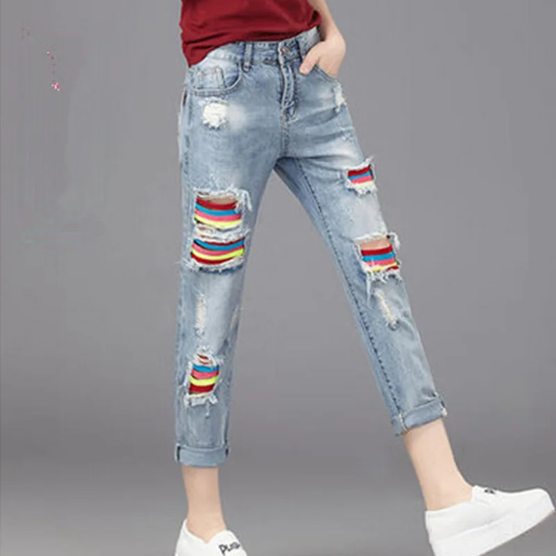 2017 Blue Fashion Ripped Jeans for Women Elastic Cotton Mid Waist Plus Size Boyfriend Jeans for