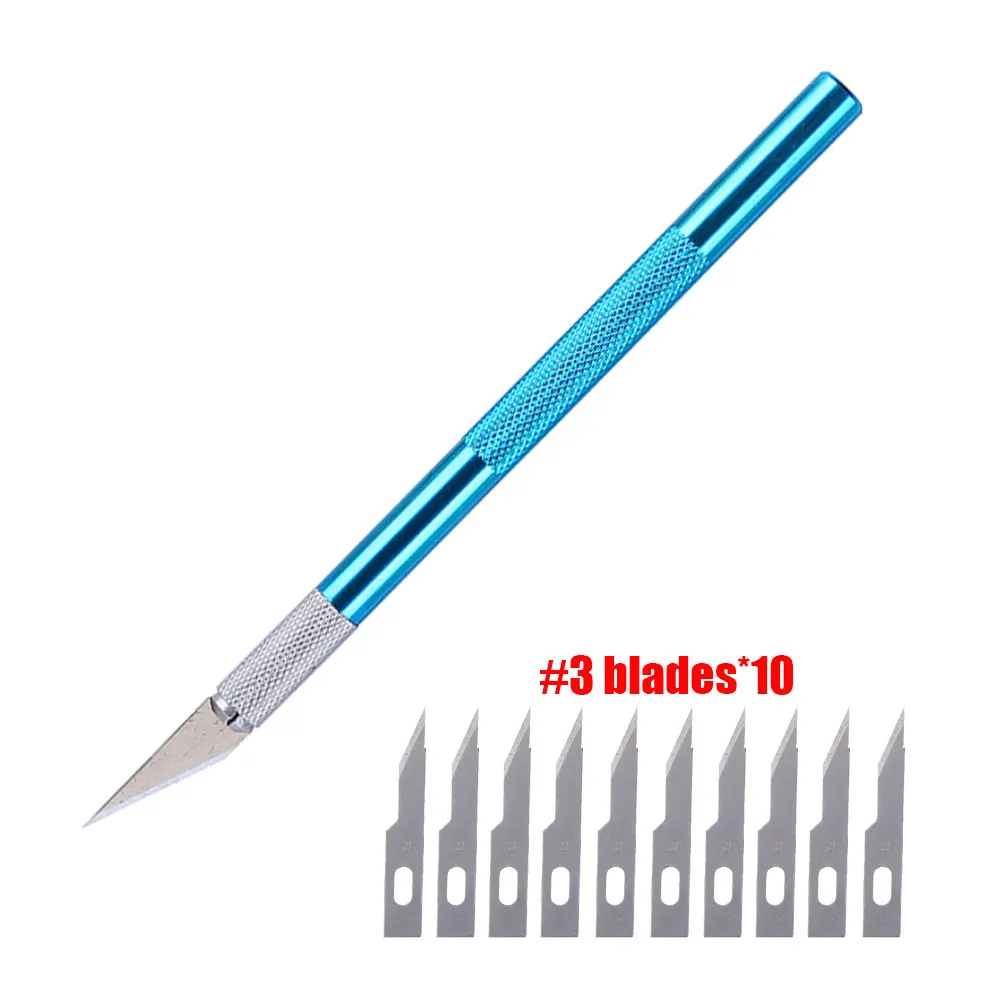 10 шт./партия металлическая ручка скальпель ремесло нож резак гравировка ножи для хобби ручные инструменты для мобильного телефона Ноутбук PCB ремонт - Цвет: Blue 10pcs blades