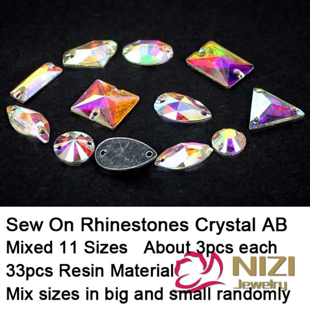 Sew On Rhinestones Mixed 11 Shapes 33pcs Flatback Resin Rhinestones