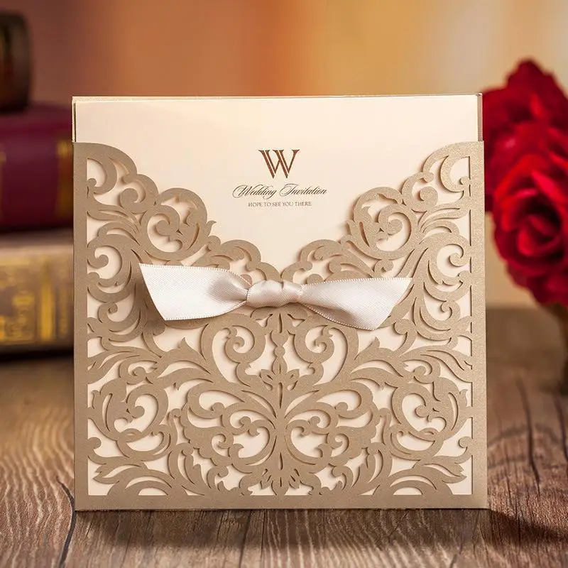 Lace Hollow Laser Cut Flower Wedding top grade Invitation Card With Bowknot Personalized &amp Customized Printing 100pcs/lot | Дом и сад