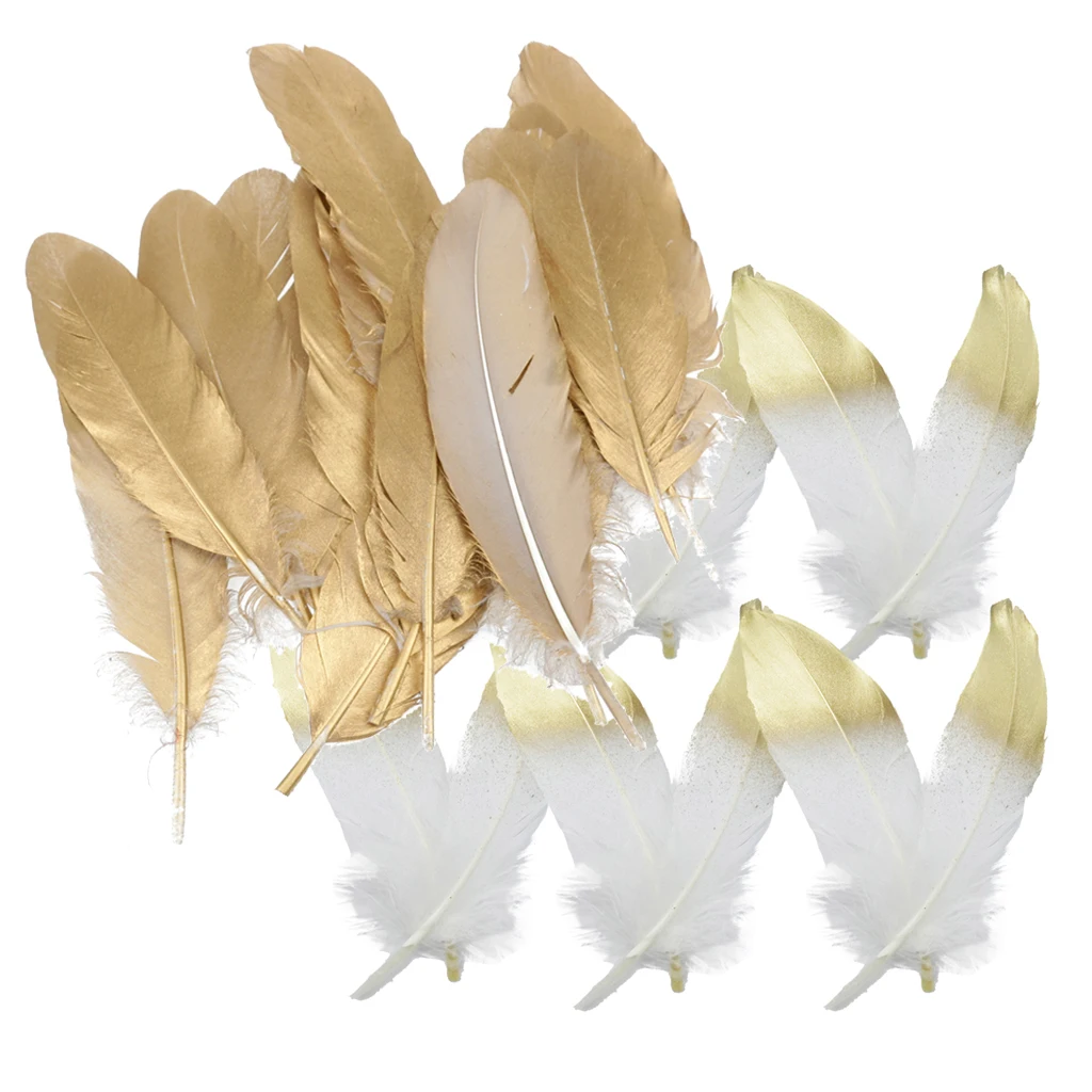 24 Pieces Natural Goose Feather for DIY Crafts Hat Making Paty Decoration 15-20cm White and Gold