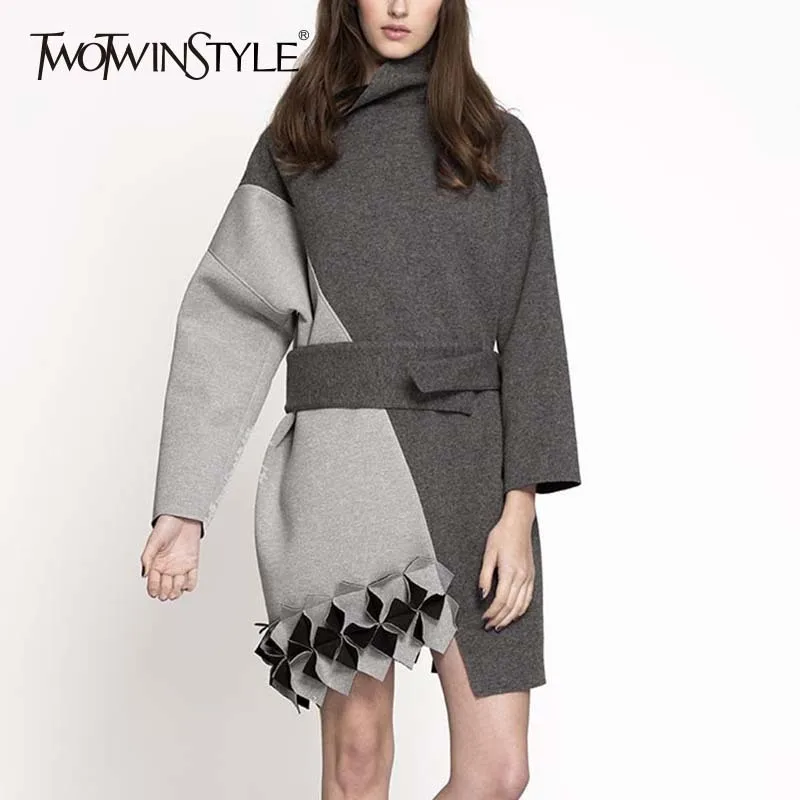 

TWOTWINSTYLE Turtleneck Sweatshirts Dress For Women Belt Tunic Three-dimensional Floral Mini Dresses Female Batwing Sleeve Tide