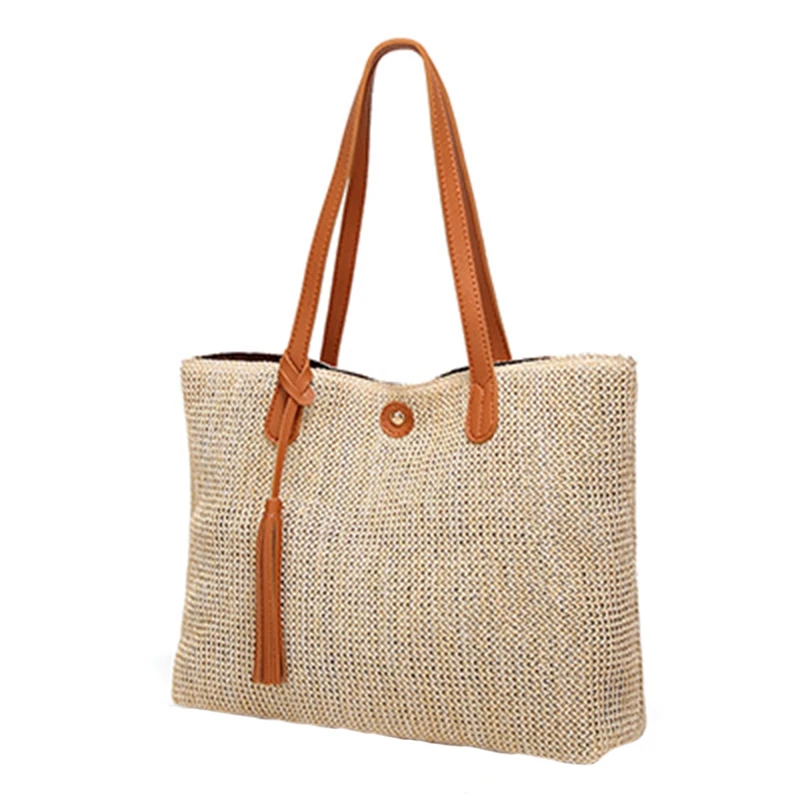 

Fashion Beach Bag For Summer Big Flower Straw Bag Handmade Woven Shoulder Bags Ladies Shopping Travel Tote Bag(Brown)