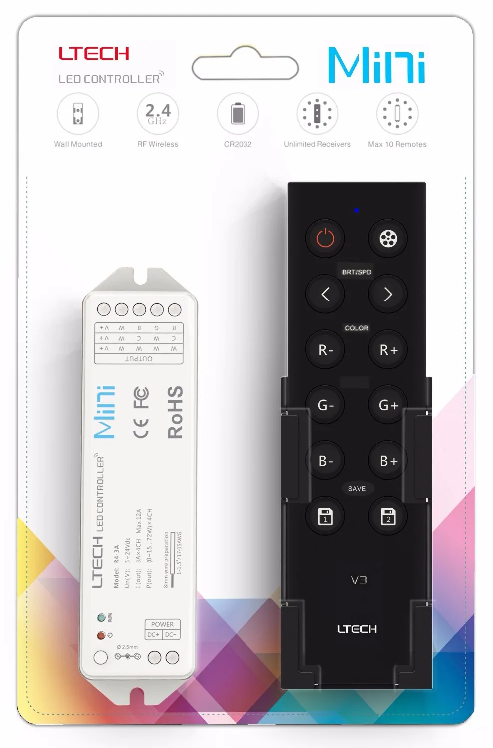 

V3+R4-3A; 2.4G RGB Controller;DC12-24V input;3A*4CH output