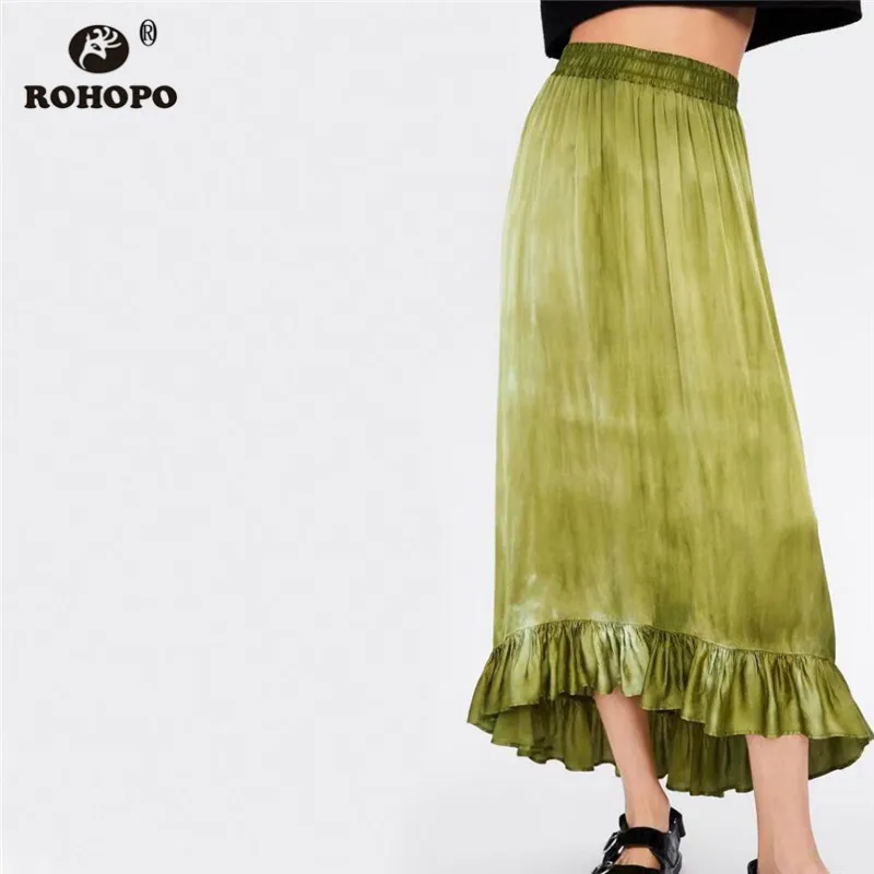 

ROHOPO Women Tie Dye Ruffles Midi Skirt Elastic High Waist Pleated Preppy Female Skirts High Low Flare falda #BM1856