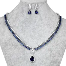 WEIMANJINGDIAN Элегантный синий/зеленый/красный/прозрачный Halo каплевидный кубический цирконий ожерелье и серьги свадебный комплект ювелирных изделий