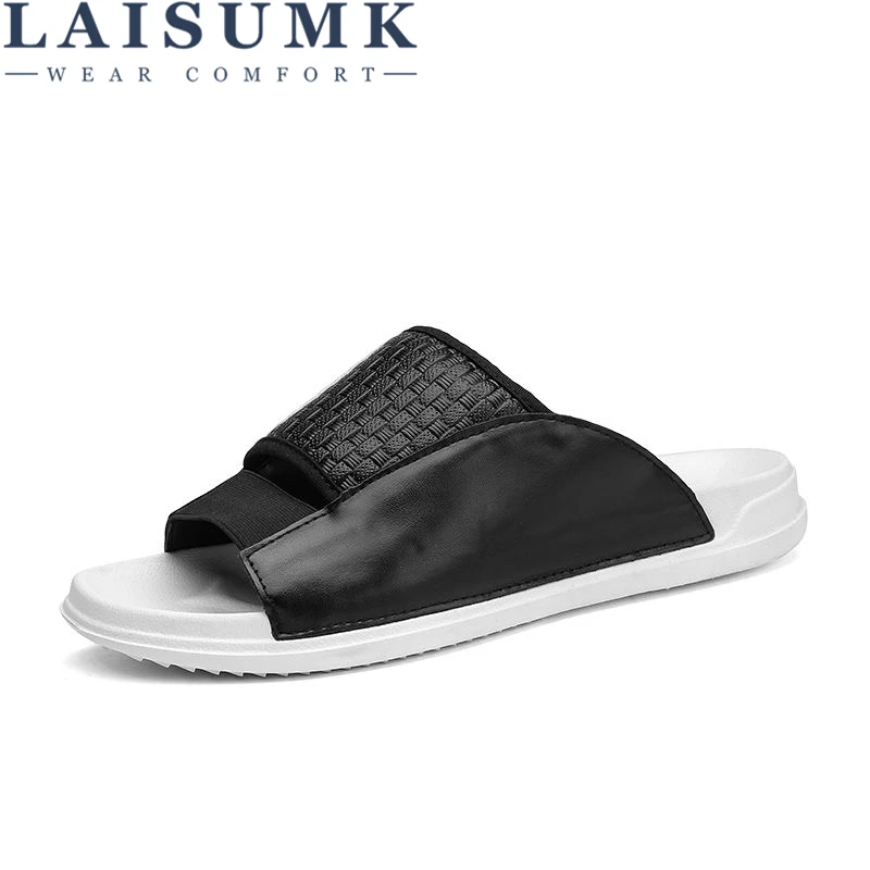 

LAISUMK Men Shoes Solid Flat Bath Slippers Summer Sandals Indoor & Outdoor Slippers Casual Men Non-Slip Flip Flops Beach Shoes