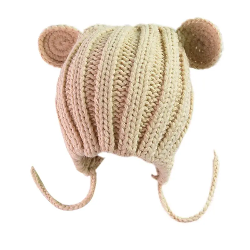 

Newborn Infant Baby Winter Warm Thicken Ribbed Knitted Hat Crochet Cute Bear Cat Spiral Ears Solid Color Earflap Beanie Cap
