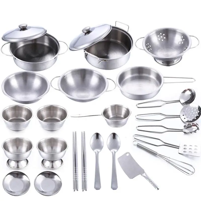 

Dongzhur 32pcs/set Stainless Steel Kitchen Kit Toy Children Play House Game Props Simulation Kitchen Supplies Kids Play The Game