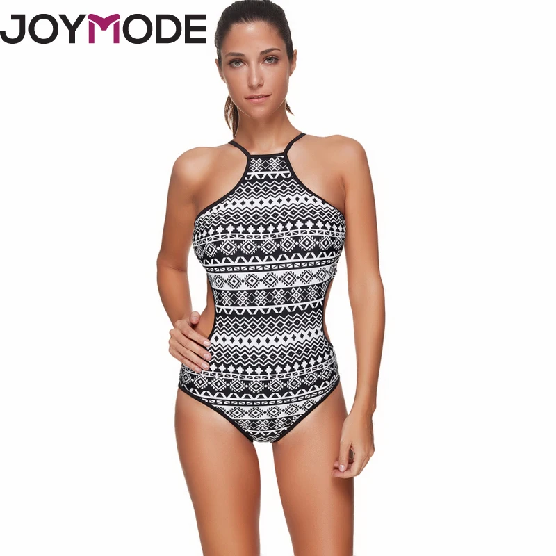 

JOYMODE 2017 Stitching Mosaic One-Piece Swimsuit Bandage Bathing Suit Halter Women High Neck Summer Beach Wear Bikini -E