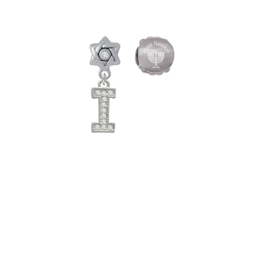 Silvertone Crystal Initial - I - Happy Hanukkah Charm Beads (Set of 2)