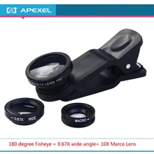 1 шт. APEXEL HD Универсальный 3 в 1 0.65X широкоугольный+ 180 градусов Рыбий глаз+ 10X макрообъектив для samsung Galaxy s6 s7 edge телефон Камера