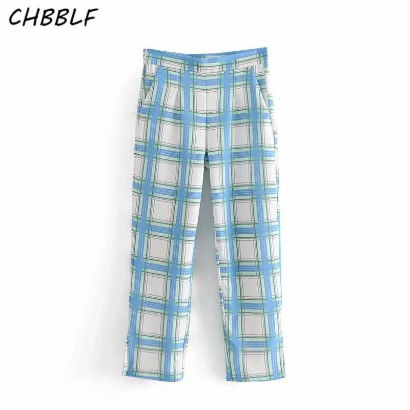 CHBBLF women chic blue plaid high waist pants side zipper fly female
