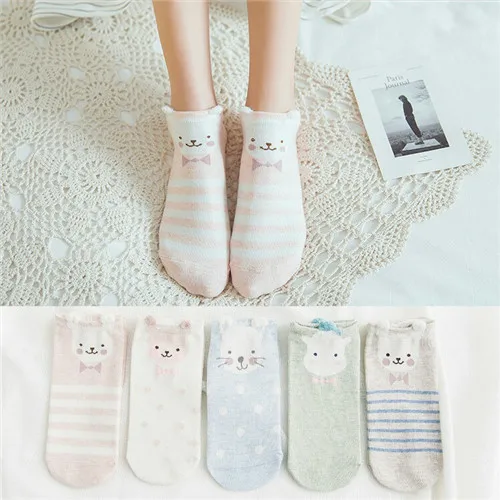 5 Pairs Women Cotton Socks Cute Animal Ankle Socks Cat Dog Summer Short Socks Girls Red Heart Kawaii Ear Funny Low Boat Socks - Цвет: 14