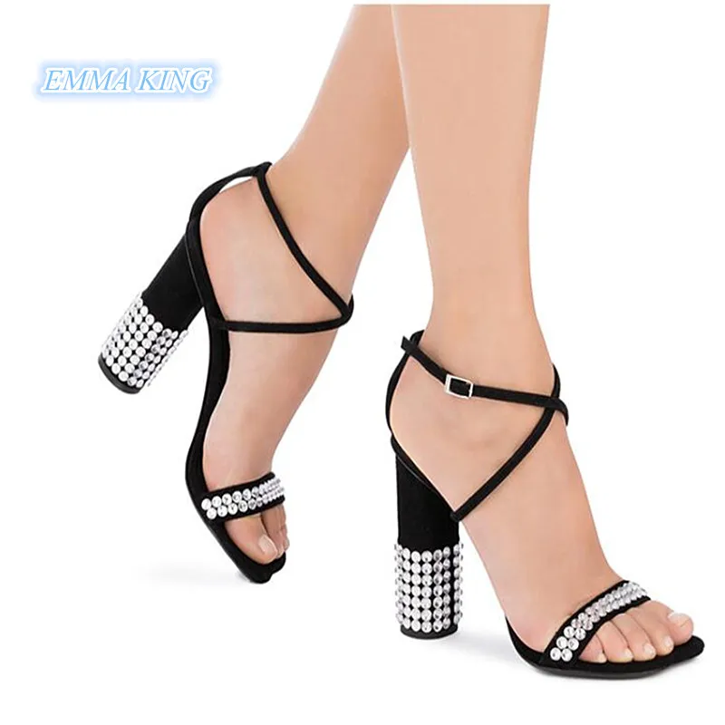 

2019 Fashion Women Sandals Ankle Buckle Straps Sexy Round High Heels Ladies Party Shoes Rhinestones Embellished Summer Sandals