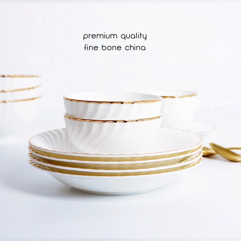 Обеденная тарелка, суповая чаша, чашка и блюдце, набор посуды, золотой край, белая вращающаяся рельефная Золотая посуда, столовые приборы из костяного фарфора, 1 шт