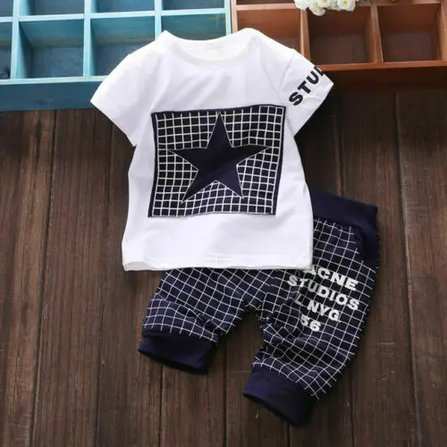Лидер продаж, летняя футболка со звездами для новорожденных мальчиков и девочек топы штаны в полоску, комплект одежды, одежда с принтом буквы