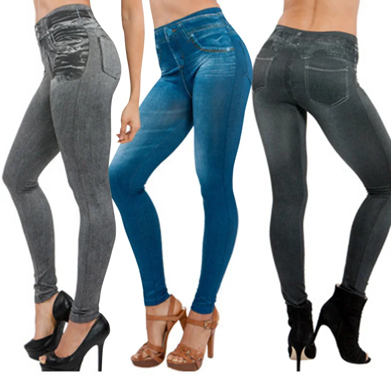 Women Thin Imitation Jeans Leggings High Waist Slim Fit Imitation Denim ...