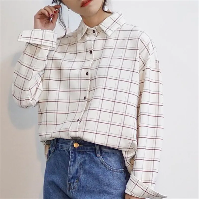 Loose cotton Checkered plaid College blouses shirt 2020 Cage female long sleeve Casual women Blouse